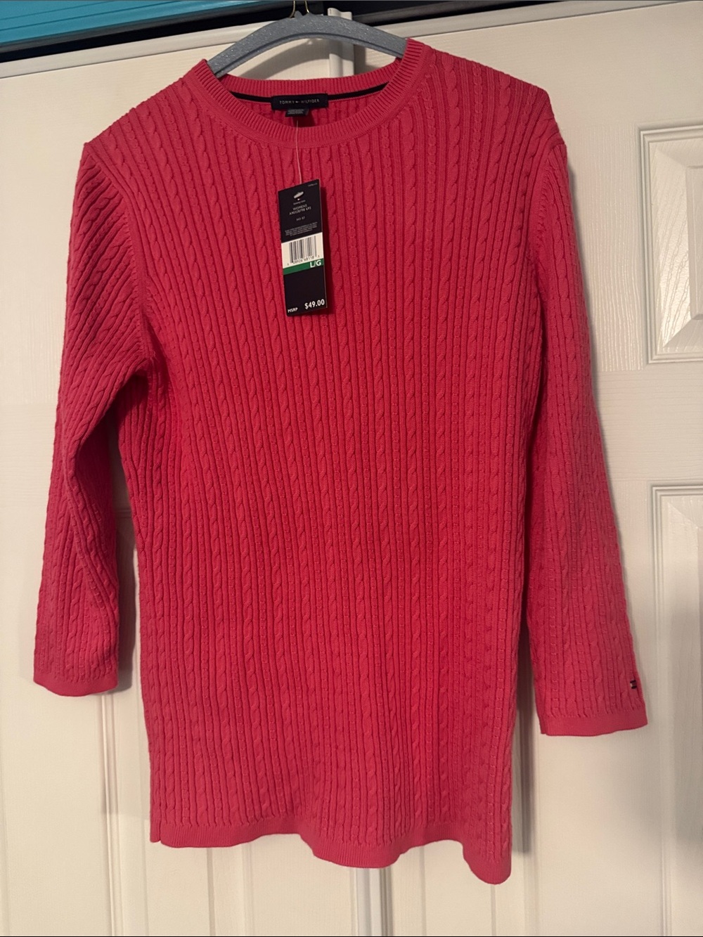 Tommy Hilfiger Hot Pink Cable-Knit Crewneck Sweater